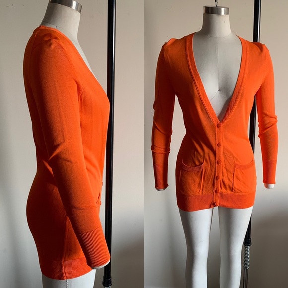 ▪️SOLD▪️Fitted neon orange 100% Rayon knit Cardigan Small - Picture 3 of 4